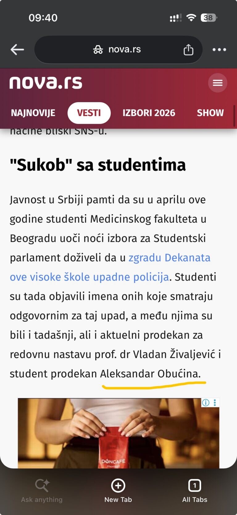 Prilog uz prijavu o licu Aleksandar Obućina